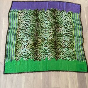 Roberto Cavalli Leopard Print Scarf with Green and Purple Accents